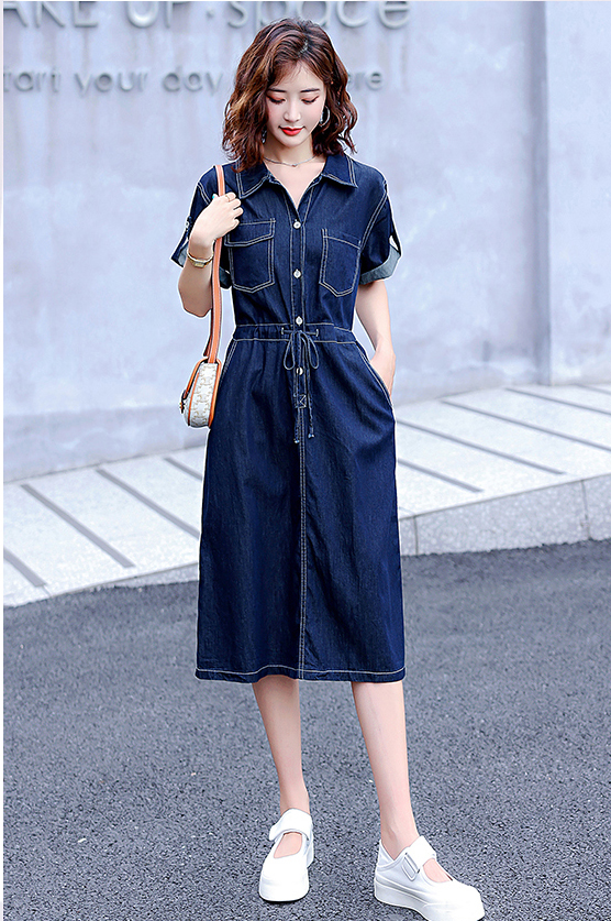 ĐẦM JEAN XÒE CỔ SƠ MI EO RÚT - NJ220
